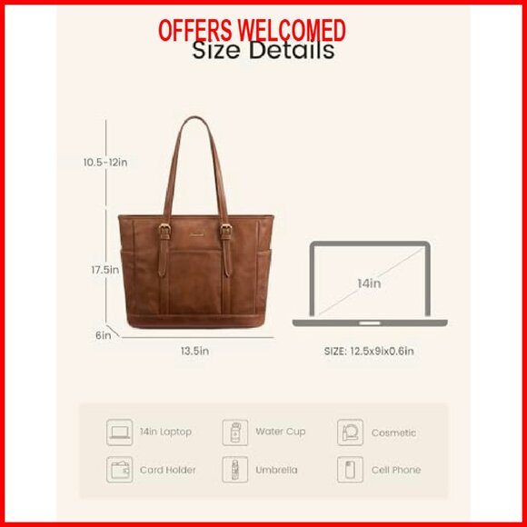 Vintage Leather Tote Bag with iPad Compartment Multiple Pockets - Picture 5 of 7